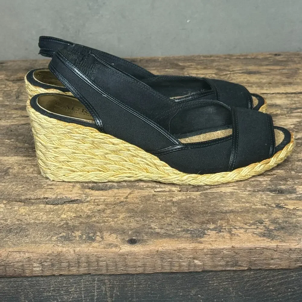 Lauren Ralph Lauren Catrin Espadrille Wedge Slingback Black Canvas Size 6.5B